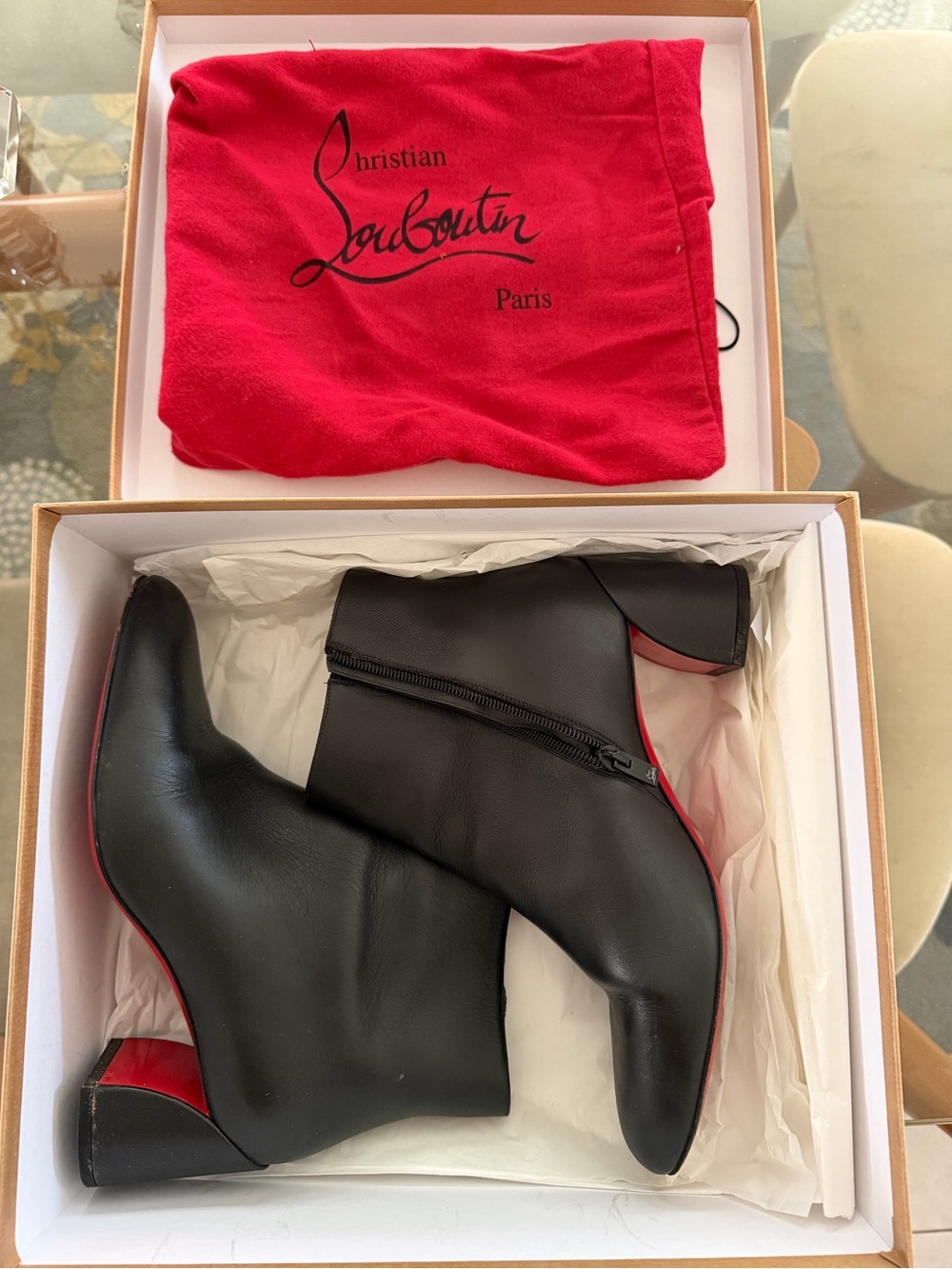 Christian Louboutin Black Leather Ankle Booties with Red Soles